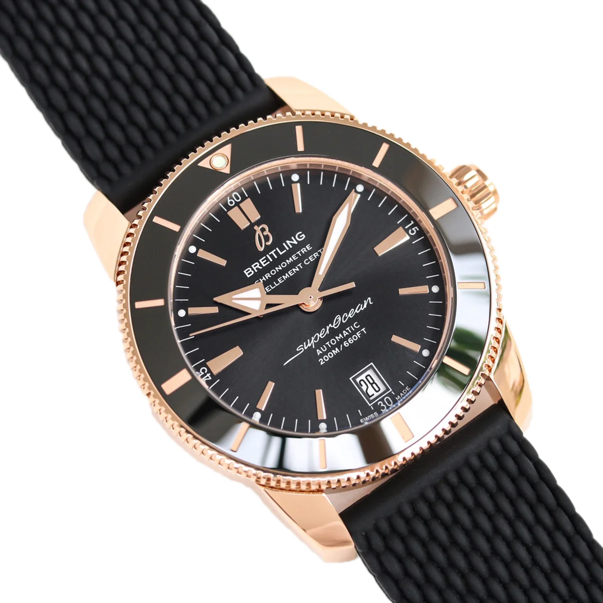 Superocean Heritage II B20 Automatic 42mm in Black Dial on Black Bezel in Rose Gold on Rubber Strap