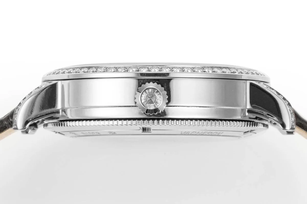 Traditionelle Moon Phase MOP Dial with Diamond Bezel in White Gold on Brown Leather Strap