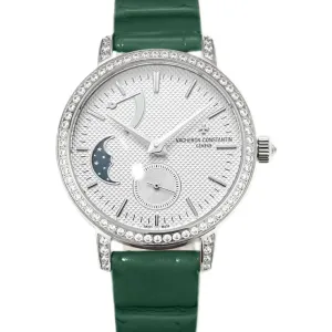 Traditionelle Moon Phase White Dial with Diamond Bezel in White Gold on Green Leather Strap