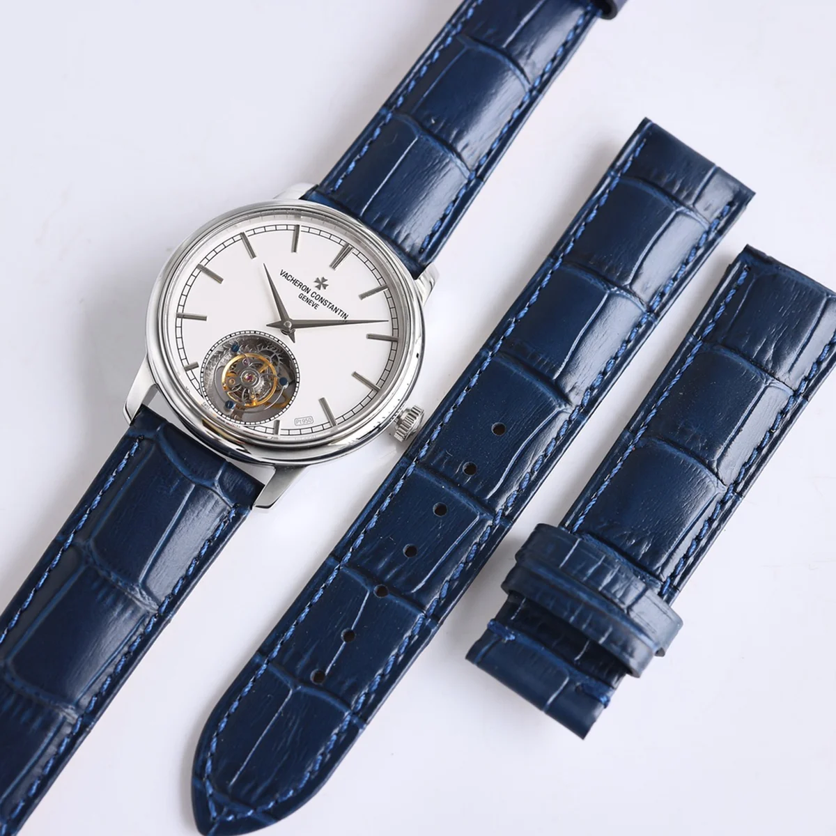 Traditionelle Tourbillon in Steel on Blue Leather Strap