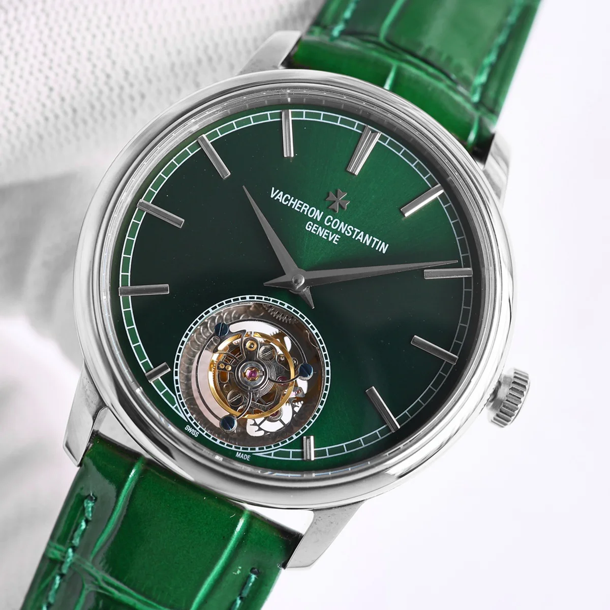 Traditionelle Tourbillon in Steel on Green Leather Strap