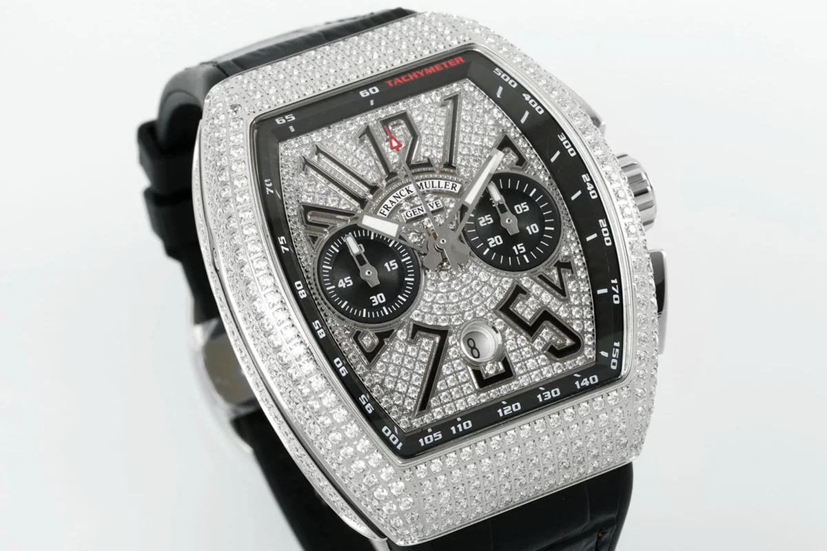 Vanguard V45 Chronograph Diamond/Black Dial with Diamond Marker and Diamond Bezel in Steel on Leather Strap