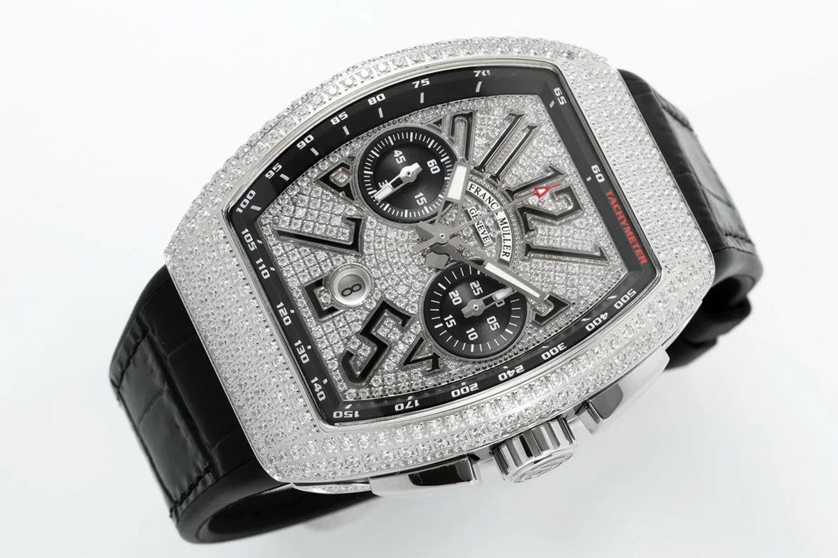 Vanguard V45 Chronograph Diamond/Black Dial with Diamond Marker and Diamond Bezel in Steel on Leather Strap