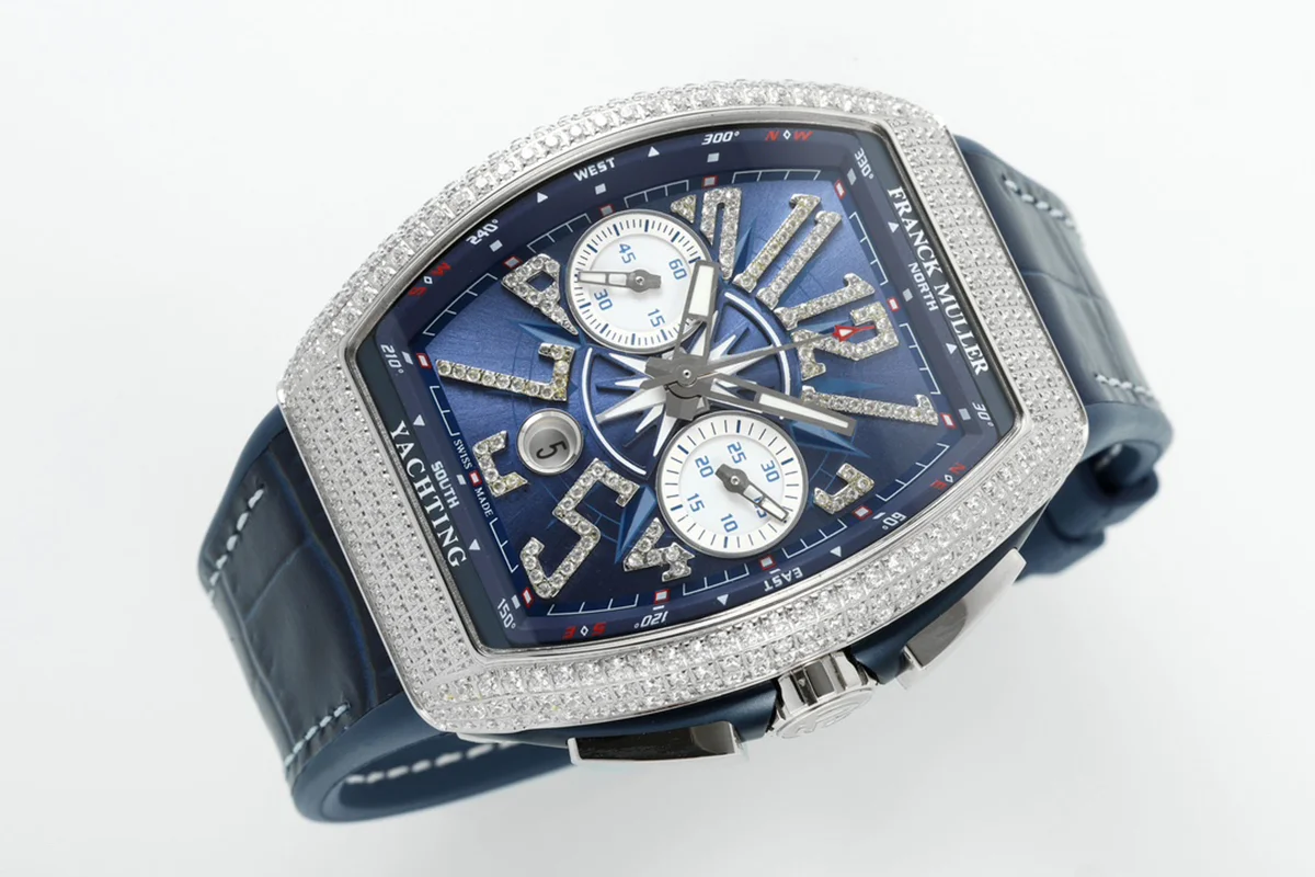 Vanguard V45 Chronograph Diamond/Blue Dial with Diamond Marker and Diamond Bezel in Steel on Leather Strap
