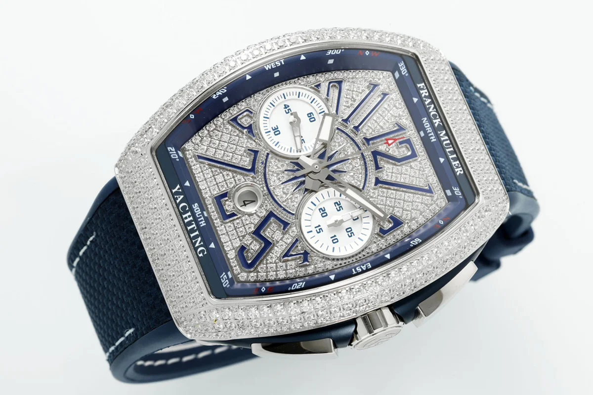 Vanguard V45 Chronograph Diamond/White Dial with Blue Marker and Diamond Bezel in Steel on Leather Strap
