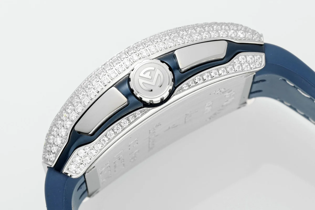 Vanguard V45 Chronograph Diamond/White Dial with Blue Marker and Diamond Bezel in Steel on Leather Strap